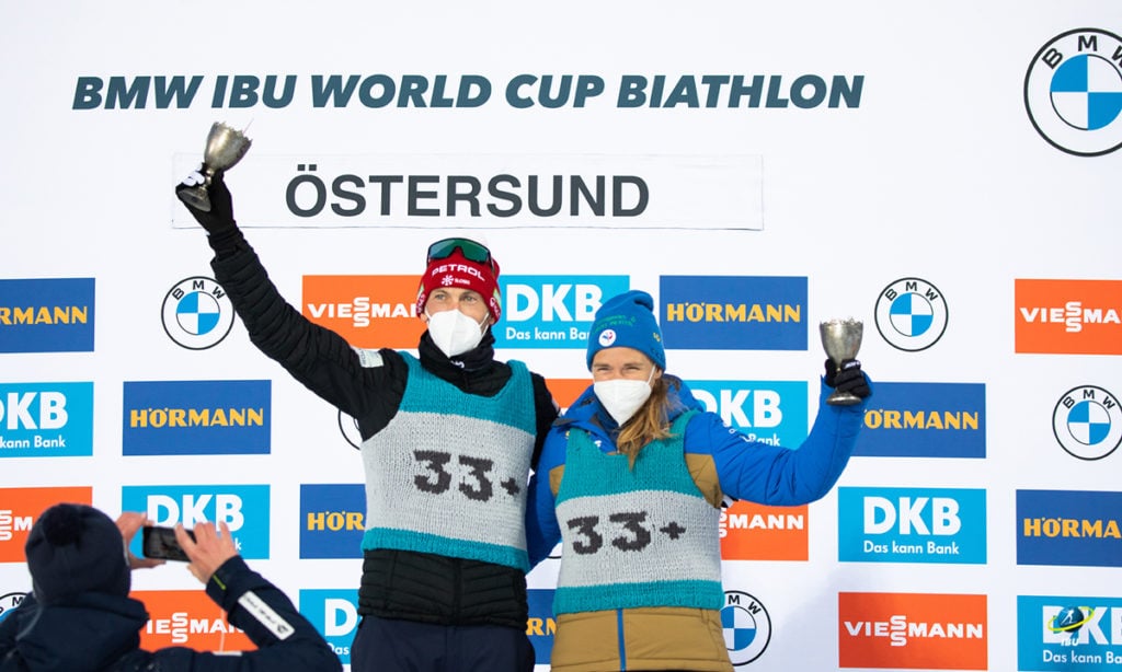 Jakov Fak, Anaïs Bescond, biathlon, silver bib, dossard argenté, Östersund